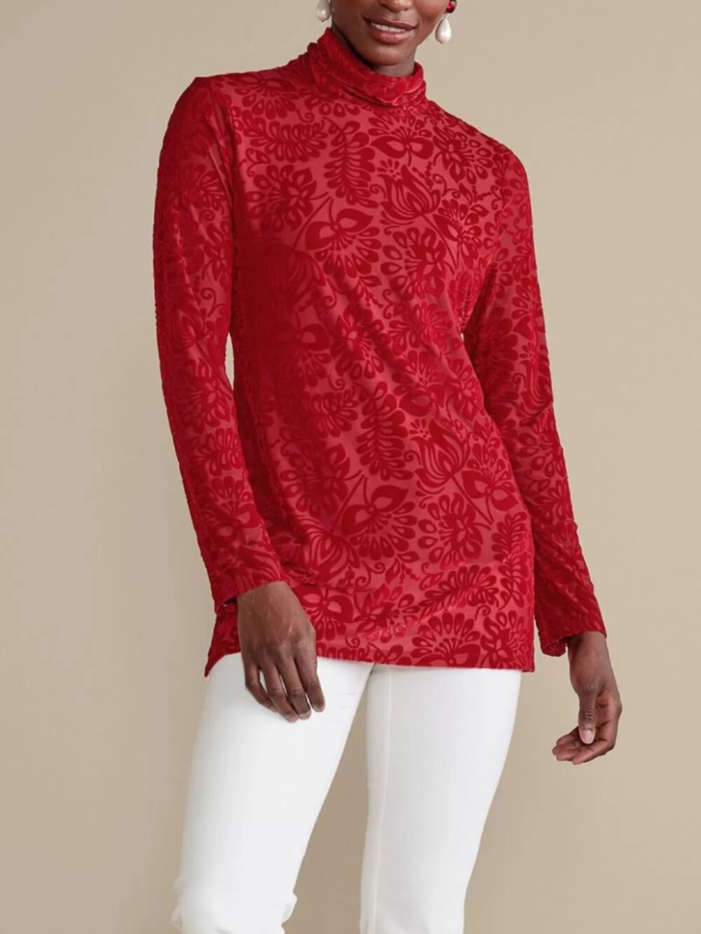 Soft Surroundings Walden Velvet Turtleneck Top Womens Large L Red Dahlia NWT
